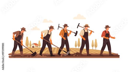 Farmers in the Field: Farmers cultivate the land using farming tools. Symbolizing the connection between man and earth. Illustrating diligence, resilience, and the rhythm of rural life.