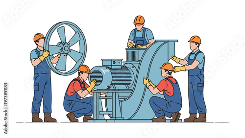 Engineers at Work: A team of skilled engineers meticulously assembling complex industrial machinery, their focused efforts illuminating the core of innovation and precision.