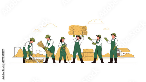 Harvest Harmony: A united group of hardworking harvesters toiling in unison, their efforts resulting in a bountiful harvest.