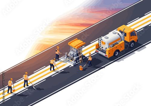 Road maintenance workers and equipment resurfacing a highway with clear markings and a truck