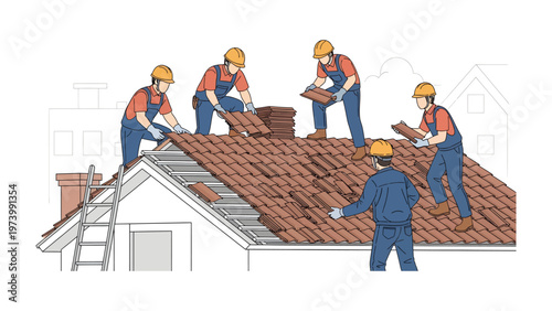 Roofing Team in Action: A team of skilled roofers meticulously installs new tiles on a house, their synchronized movements and dedication showcasing the art of construction and home improvement.