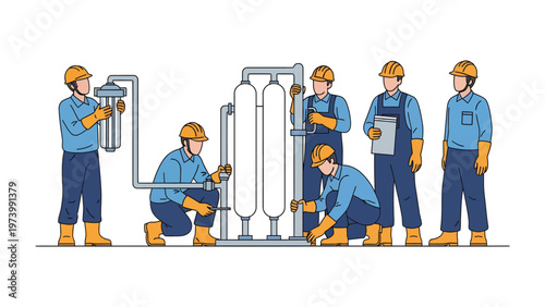 Industrial Harmony: Technicians collaborate on complex machinery, embodying skill and precision, in a dynamic industrial setting.