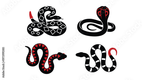 Set of Four Stylized Black and Red Venomous Snake Illustrations. Dangerous Serpent Vector Art on White Background.