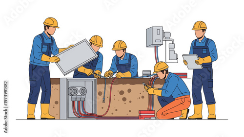 Construction Workers at Work: Construction workers engaged in their task, working on electric wiring and installing panels, they exhibit professionalism and precision in their collaborative effort.