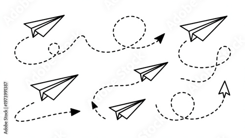 Paper Airplane Path Line Icon Set Dotted Flight Routes & Travel Direction Symbols