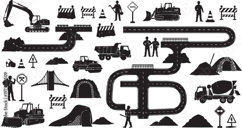Construction site icons and vehicles in black and white