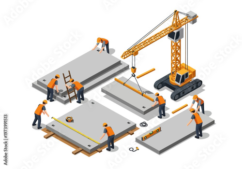 Construction workers using crane and equipment to build concrete slabs, representing civil engineering project