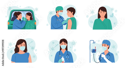 Medical Vaccination and Healthcare Service Illustration Set with Doctors and Nurses performing COVID-19 Swab Tests, Giving Injections and Treating Patients