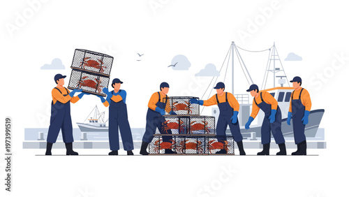 Coastal Crew: A group of diligent workers diligently transport crates of fresh seafood on a bustling dock, embodying the spirit of maritime industry and collaboration.