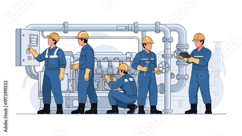 Εκτύπωση καμβά Engineers at Work: A team of skilled engineers, clad in work uniforms, diligently inspect and maintain complex machinery and equipment within an industrial setting
