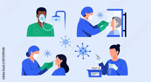 Healthcare Professionals Performing COVID-19 Nasal Swab Tests and Oxygen Therapy Flat Vector Illustration