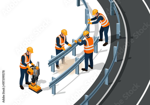 Workers installing a guardrail on a curved road, representing road safety and construction