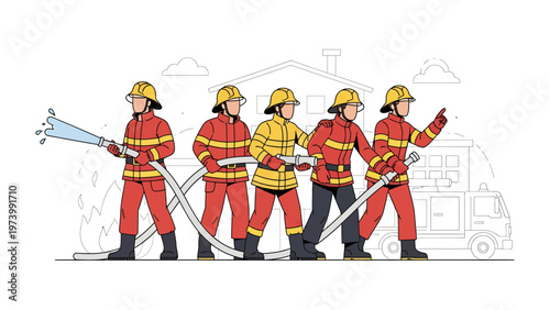 Firefighters in Action: A team of brave firefighters stand ready, diligently working together to combat a raging blaze.