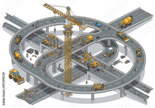 Aerial view of a complex highway interchange under construction with various heavy machinery and workers engaged in building activity