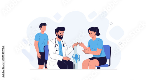 Doctor consults patient on knee joint health with male assistant