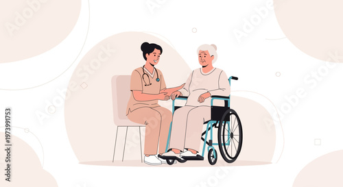 Nurse caring for elderly woman in wheelchair, healthcare, compassion, support