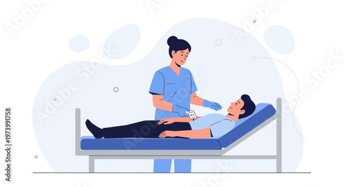 Nurse checking patient's vital signs in hospital bed, medical care illustration