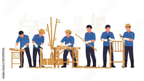 Artisan Crafting: A group of skilled artisans meticulously work with bamboo, skillfully crafting and shaping it into various structures, displaying their expertise in traditional craftsmanship.