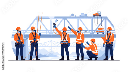 Bridge Builders at Work: A team of dedicated construction workers diligently work on bridge maintenance, utilizing specialized tools and equipment.