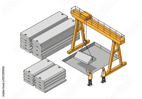 Construction site with concrete slabs and a gantry crane being used for lifting