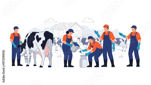 Dairy Farm Harmony: Dedicated dairy farmers working together, tending to their cows in a tranquil farm setting. Captured in a bright illustration style.