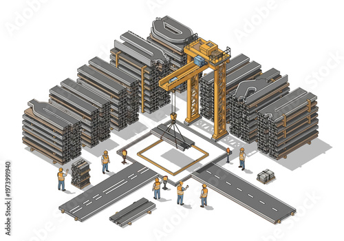 Industrial Steel Yard with Crane and Workers, Logistics and Heavy Industry