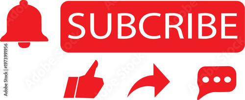 Vibrant red vector icon set for digital content engagement, featuring subscribe button, notification bell, like, share, and comment symbols for online platforms