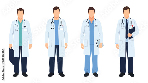 Male Doctors Vector Set. Healthcare Professionals in Lab Coats & Stethoscopes. Medical Staff Uniforms, Flat Illustration.