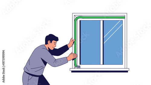 Man installing weatherstripping on window frame. Home improvement, energy efficiency, DIY insulation, flat vector illustration