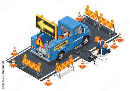 Road repair work in progress with a truck and crew performing maintenance on a damaged asphalt surface