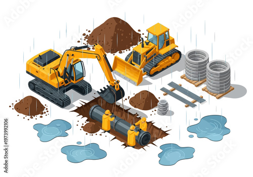 Construction of underground pipe system with heavy machinery and materials during rain