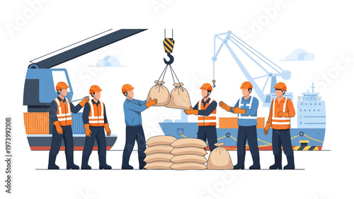 Harbor Workers at Work: A team of diligent workers collaborate seamlessly at a bustling harbor, expertly handling cargo and ensuring smooth operations. A harmonious blend of industry and teamwork