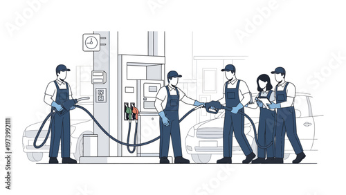 Fuel Station Interaction: Service personnel interact at a gas station, managing the flow of fuel, exemplifying efficiency and customer service. 