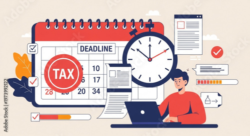 Professional accountant working on tax return deadline with digital calendar and clock icons in modern flat vector illustration style for business finance