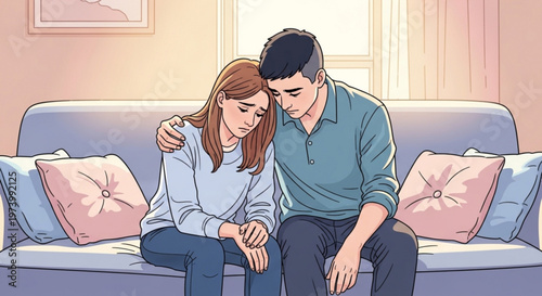 Sad couple sitting on couch feeling depressed and comforted by partner in emotional illustration showing relationship struggles and mental health support