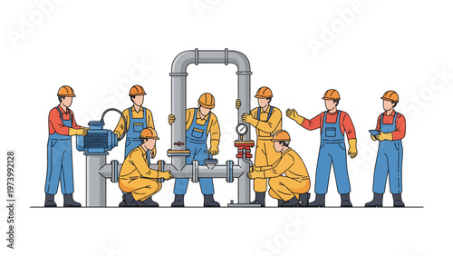 Pipeline Installation: A team of skilled workers, clad in safety gear, meticulously collaborate to install a complex network of pipelines. A testament to human ingenuity.