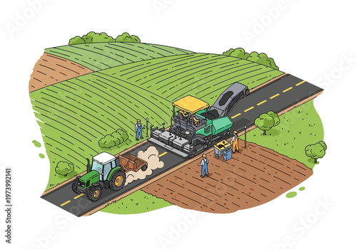 Road construction scene with paving machine, tractor, and workers on a rural landscape