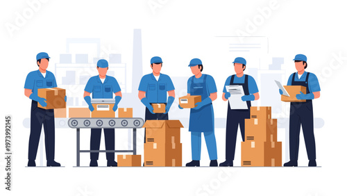 Production Line Precision: A dedicated team efficiently manages the packaging process within a dynamic factory setting, showcasing precision, coordination, and collaborative effort.