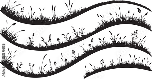 Black and white grass landscape with wavy lines illustration