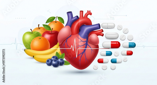 Human heart health concept showing balance between healthy fresh fruit nutrition and pharmaceutical medication pills in modern medical flat vector illustration