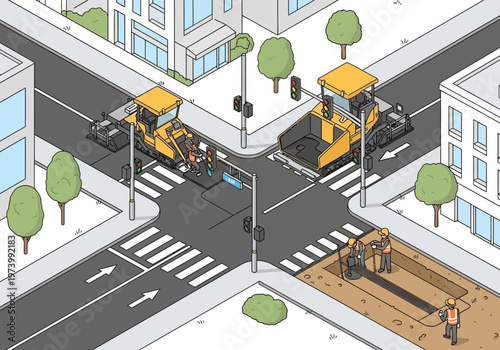 Urban street reconstruction Asphalting and trenching operations in a city intersection with traffic lights and construction workers