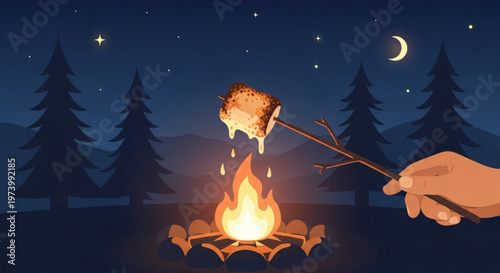 Person roasting marshmallow over campfire at night in peaceful forest clearing illustration for camping and outdoor lifestyle adventure and cozy evening vibes