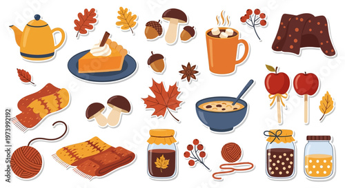 Cozy Autumn Sticker Set - Flat Fall Icons of Pumpkin Pie, Hot Cocoa, Acorns, and Warm Clothing for Seasonal Design