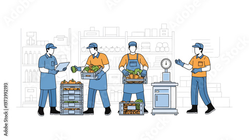 Warehouse Work: In a bustling warehouse, diligent workers handle produce, meticulously weighing and organizing the harvest for distribution, showcasing dedication and efficiency.