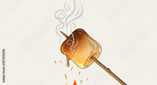 Close up of golden toasted marshmallow on stick with smoke and embers in detailed flat vector illustration for camping food and campfire cooking concepts