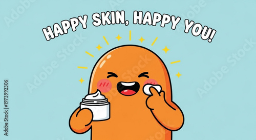 Cute orange character applying facial cream with text happy skin happy you on light blue background