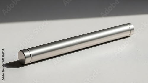 Metallic cylindrical object on a white surface with subtle shadow play