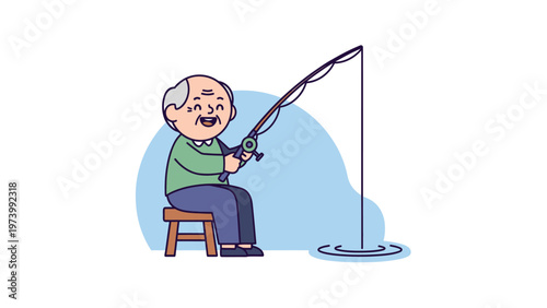 Happy senior man fishing, enjoying a relaxing outdoor hobby. Flat vector illustration.