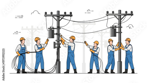 Powering Progress: A team of skilled workers, clad in workwear, diligently work on electrical infrastructure, exemplifying precision and teamwork.