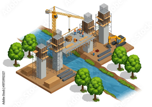 Construction of a new bridge over a river with workers and machinery